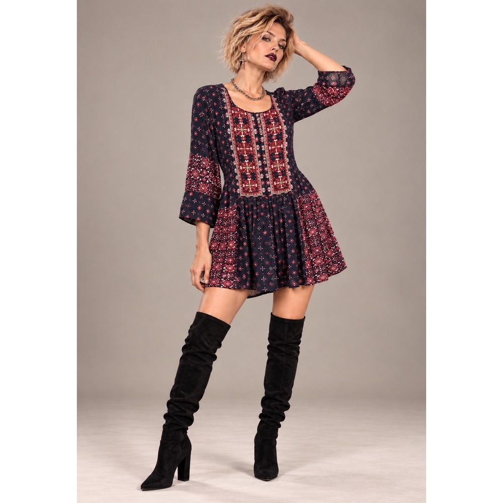 Vanessa Virginia for Anthropologie Navy Embroidered Beaded Boho Dress Small